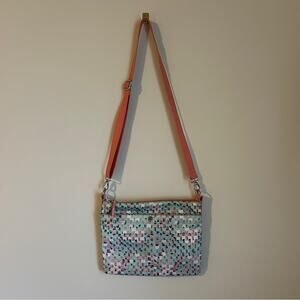 Fossil Seafoam Green/Coral/Purple/Taupe Canvas Crossbody Zip Purse 9.5x12x0.5”
